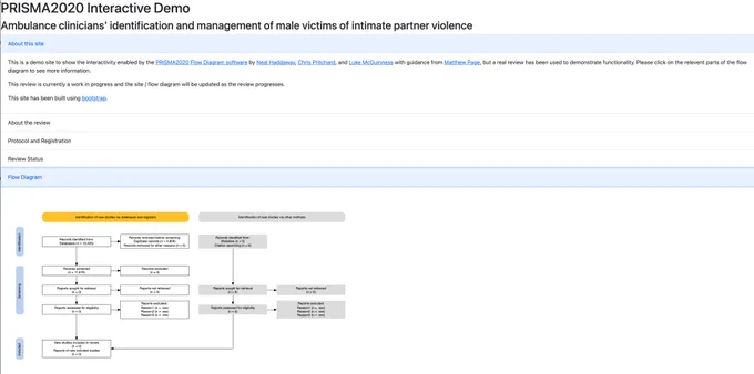 Screen shot of the case study website showing a background section and the interactive PRISMA2020 flow diagram
