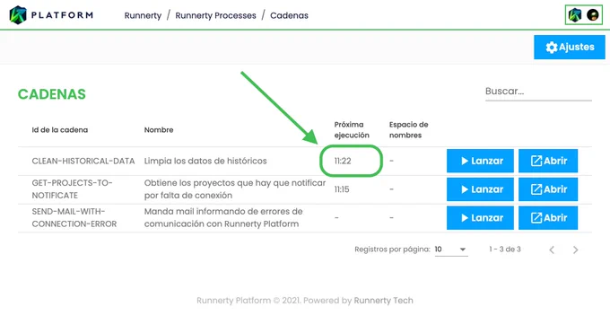 Vista de Runnerty platform donde se muestra la fecha y hora de la siguiente ejecución de una cadena