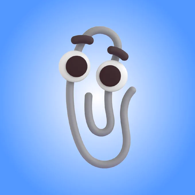 Blue background with an image of the new Microsoft Clippy emoji.