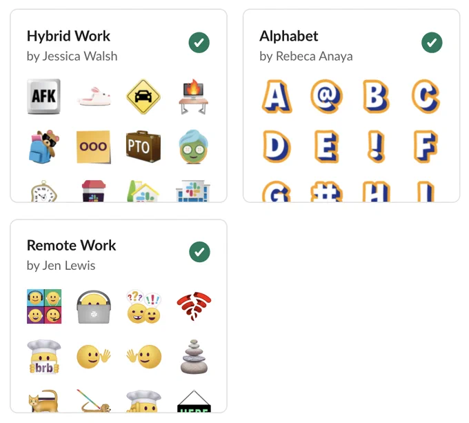 Image of three available Slack custom emoji packs. From clockwise top left: Hybrid Work by Jessica Walsh, Alphabet by Rebeca Anaya, and Remote Work by Jen Lewis