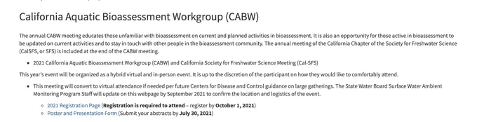 Screenshot of the California Aquatic Bioassessment Workgroup (CABW) webpage that lists the deadlines and lines for registration and abstract submission. Please follow the link in the tweet to access this webpage. 