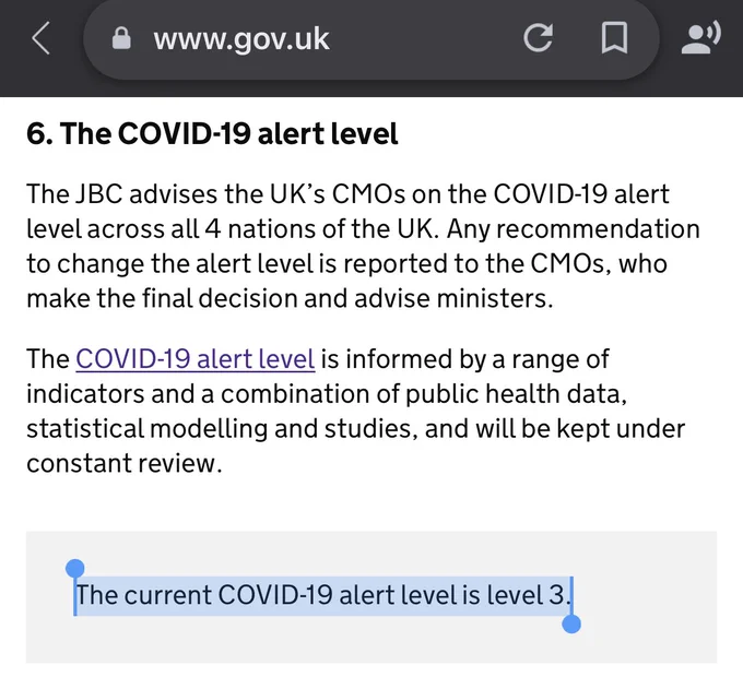 Screenshot of linked page,  section 6, highlighting “The current COVID-19 alert level is level 3.”