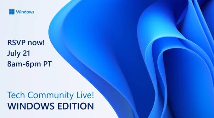 Card in the Windows colors saying "RSVP now!" for the July 21st Tech Community Live event.