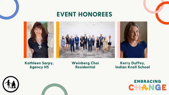 Image with three side-by-side photos of event honorees: Kathleen (left), 12 individuals from Weinberg Choi (center), Kerry (right). The Nora Project favicon is in the lower left corner and Embracing Change logo in the lower right. 