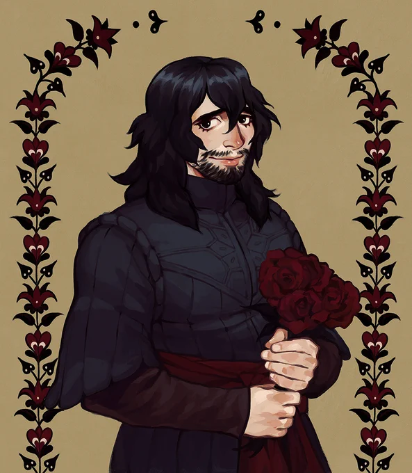 A digital painting of a smiling knight wearing a dark grey gambeson and holding a bouquet of roses. He is framed by an arch of stylized red floral patterns.