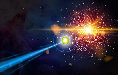 Illustration of a beam shooting into a spot, resulting in an explosion