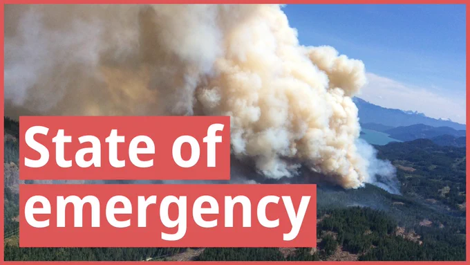 Aerial view of wildfire smoke. Text reads: State of Emergency