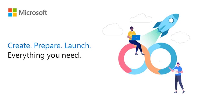 White background with Azure graphic of two people working and an Azure rocket flying in the background. Copy reads as follows: Create. Prepare. Launch. Everything you need.