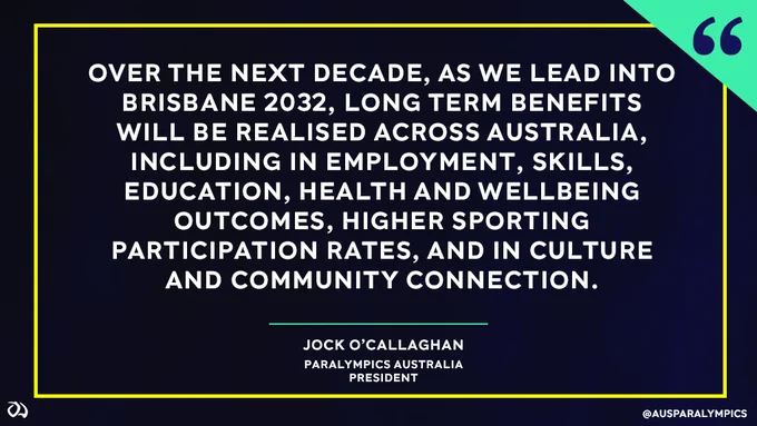 Text on image reads: Over the next decade, as we lead into Brisbane 2032, long term benefits will be realised across Australia, including in employment, skills, education, health and wellbeing outcomes, higher sporting participation rates, and in culture and community connection.