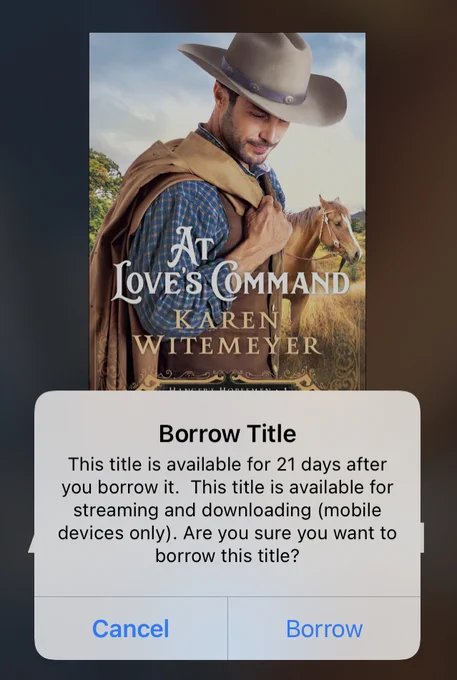 Screenshot of Jeff about to click the “borrow” button on his library’s web site. The book to be borrowed is: “At Love’s Command,” a Christian Romance novel about the Wounded Knee Massacre.