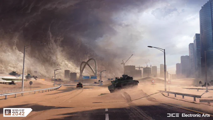 Battlefield 2042 map, a highway in Doha, Qatar. Massive sandstorm wall creeping into the area but the sun is still shining on this abandoned city.
