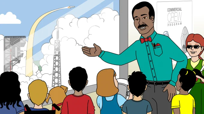 Illustration of a teacher pointing to a rocket launch outside of a classroom window while addressing his young students