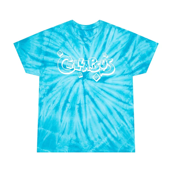 The Collapsus logo in white on a blue tye die shirt