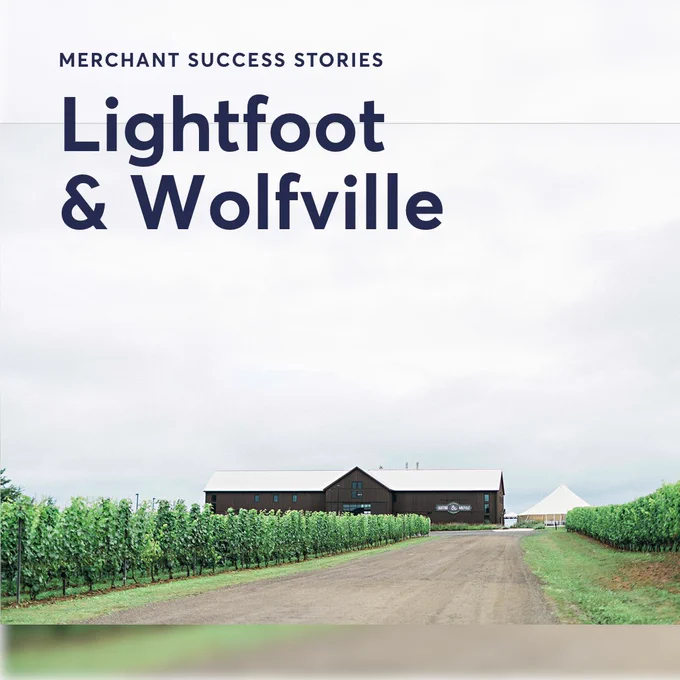 A road leads to a building among grapevines. Text shown: Merchant success stories: Lightfoot & Wolfville