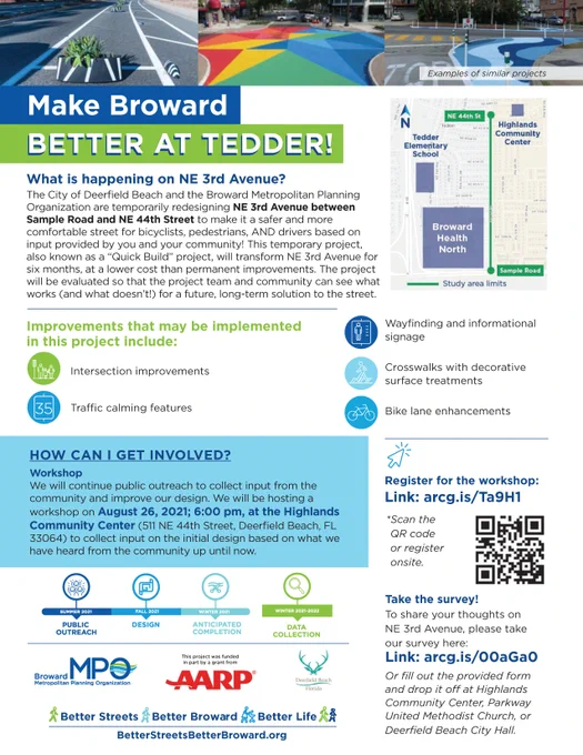 BTactical informational flyer. Temporary project wil be held on NE 3rd Ave between Sample Road and NE 44th St. Join the in person meeting tro discuss design plans on August 26 at 6:00 p.m.  https://arcg.is/Ta9H1 
