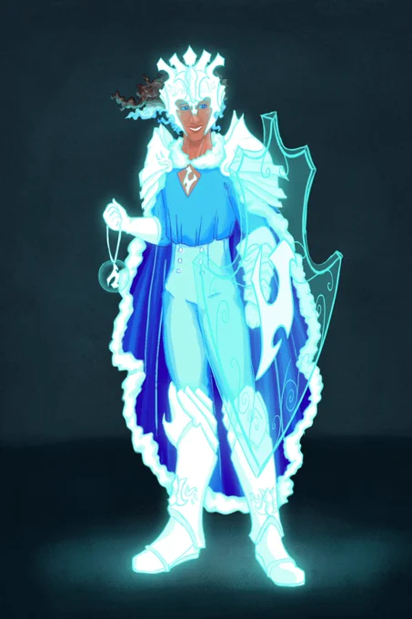 a digital drawing of aegis on a dark teal papery background. aegis is a spirit with dark skin and curly brown and blue hair. he wears bright blue clothes, a darker cape with white fluff around the edges, and a white helm and boots. he's glowing bright blue.