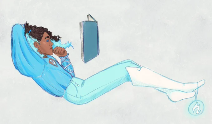 a digital drawing of aegis on a white papery background. aegis is a spirit with dark skin and curly brown and blue hair. he wears a bright blue shirt and pants and white boots. his charm hangs off of one foot as he floats midair, reading a book.