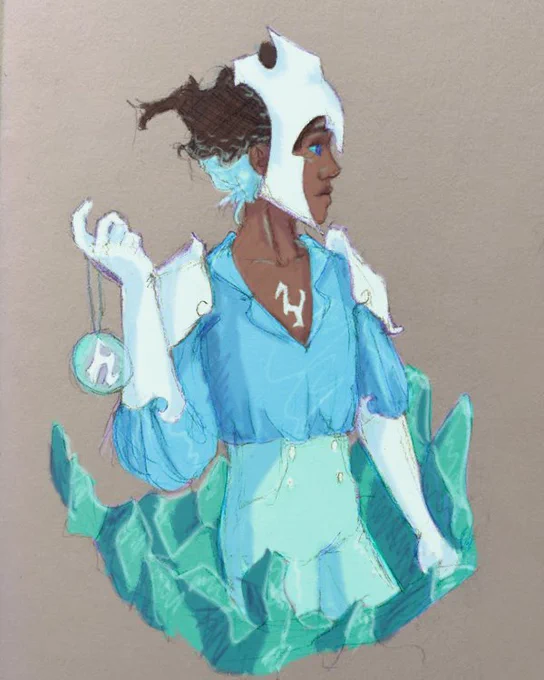 a traditional sketch of aegis, colored digitally. aegis is a spirit with dark skin and curly brown and blue hair. he wears light blue clothes, white gloves, and a white helm. light blue ice surrounds him.