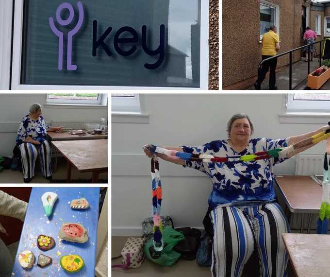 Collage of 5 images. First image is a window with a logo sticker. The sticker has an icon on it and the word 'key'. The second image shows a man and a woman entering an office building. The third image shows a woman sitting at a table with some magazines she is cutting pictures from. The fourth image is of painted stones and the final image is a woman holding a long length of knitting she is working on.