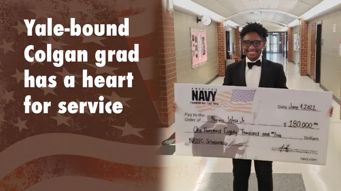 Norvin pictured on right. Text reads: Yale-bound Colgan grad has a heart for service.