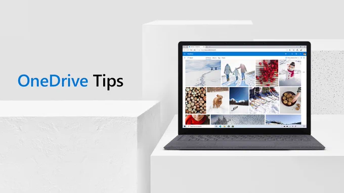 Text reads, "OneDrive Tips." Laptop displaying OneDrive on the screen 
