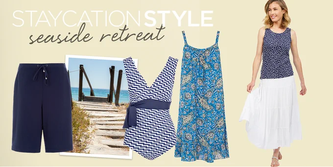 A graphic of a blonde woman in a white skirt and polka dot shirt next to a blue dress, a swimsuit and navy shorts 