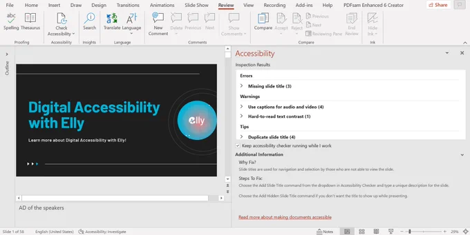 PowerPoint screenshot with Accessibility Checker activated on the slideshow "Digital Accessibility with Elly". Accessibility Checker shows the error "Missing slide title", the warnings "Use captions for audio and video" and "Hard-to-read text contrast", as well as the tip "Duplicate slide title".