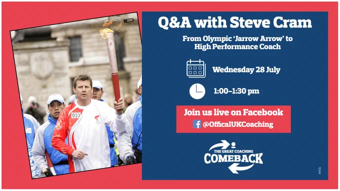 Image of Steve Cram carrying the Olympic flame, with details of the event on Wednesday at 1pm live on UK Coaching's Facebook channel @OfficialUKCoaching