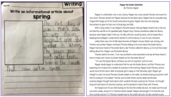 Pictures of two recent 2nd grade writing assignments completed by Thomas Degner. 