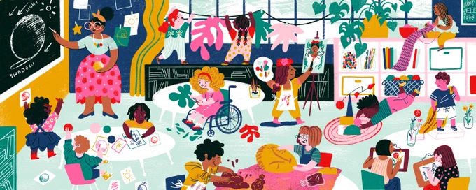 A long illustration of children making art in an art class. The teacher stands at the front showing children how to draw light hitting a sphere. There's a girl cutting paper shapes in a wheelchair while two other children hang them up in the window. In the middle foreground two children play with clay. Above them a little girl paints with a fierce expression on her face. To the right of her is a little boy building with blocks, with a mobile above his head. Above him in a child knitting beside a big monstera plant. In the bottom right corner is a little boy modeling for two other children who are doing figure drawings. 