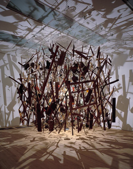 An installation of an exploded shed by Cornelia Parker