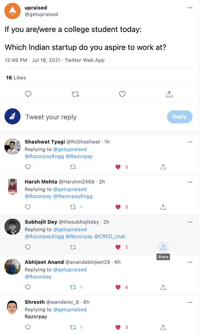 Screenshot of a tweet showing people having tagged RazorpayEngg 
https://twitter.com/getupraised/status/1417021196365881345 