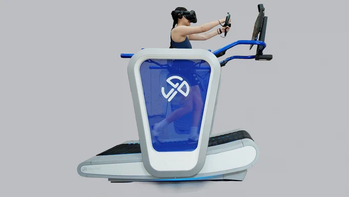 A rendering of a person playing video games on a blue VR treadmill, an example of one of the embodied learning technologies used in the study.