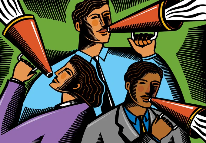 Colorful illustration of three people with megaphones