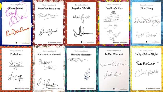 an image of all ten bookplates, each with a unique colourful border, the title of a book, and two signatures.