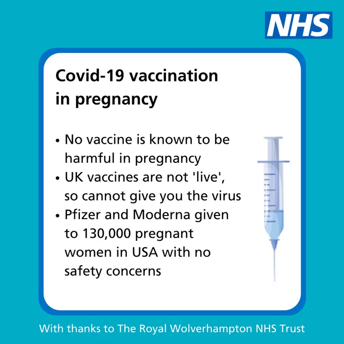 image of vaccine needle. text reads: No vaccine is known to be harmful in pregnancy
UK vaccines are not 'live', so cannot give you the virus
Pfizer and Moderna given to 130,000 pregnant women in USA with no safety concerns