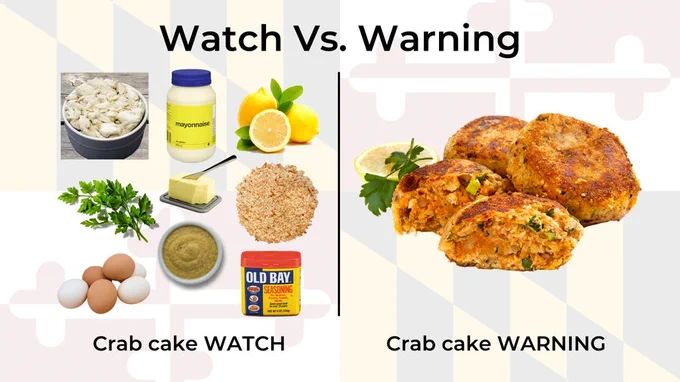 Graphics use crab cakes to show the difference between a tornado watch and warning. The Crab Cake Watch shows the ingredients to make crab cakes, The Crab Cake Warning shows a completed crab cake.