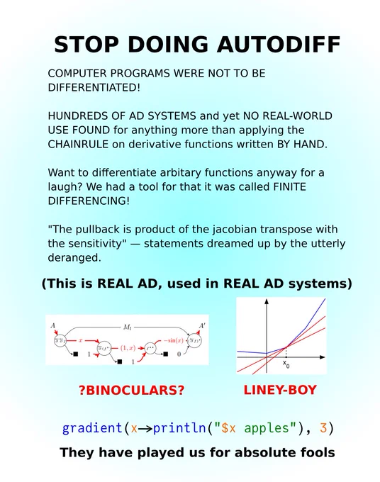 A meme following the "They have played us for absolute fools" format.

It reads:
"
STOP DOING AUTODIFF
COMPUTER PROGRAMS WERE NOT TO BE DIFFERENTIATED!

HUNDREDS OF AD SYSTEMS and yet NO REAL-WORLD USE FOUND for anything more than applying the CHAINRULE on derivative functions written BY HAND.

Want to differentiate arbitary functions anyway for a laugh? We had a tool for that it was called FINITE DIFFERENCING!

"The pullback is product of the jacobian transpose with the sensitivity" — statements dreamed up by the utterly deranged.

(This is REAL AD, used in REAL AD systems)
"
Then are shown two pictures.

A category theory optic diagram labelled "?BINOCULARS?".
and a line-graph showing subderivatives labelled "LINEY-BOY"

The text then concludes:
"
`gradient(x->println("$x apples"), 3)`
They have played us for absolute fools
"