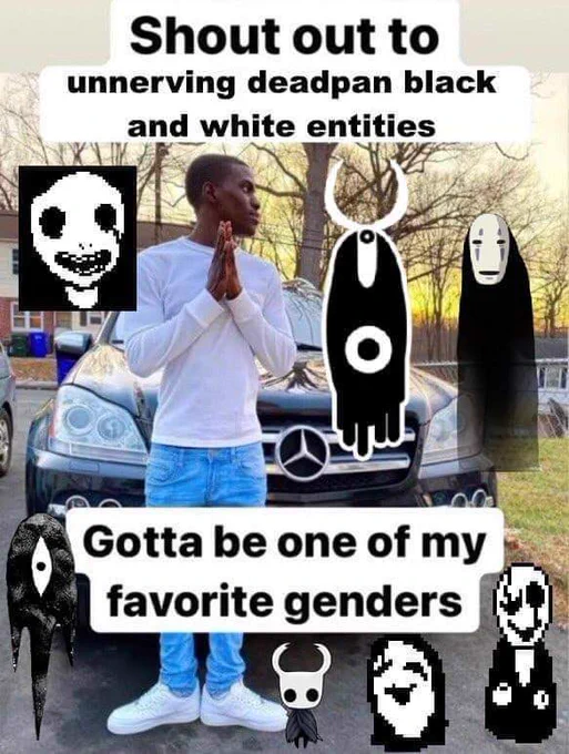 Shout out to unnerving deadpan black white entities .