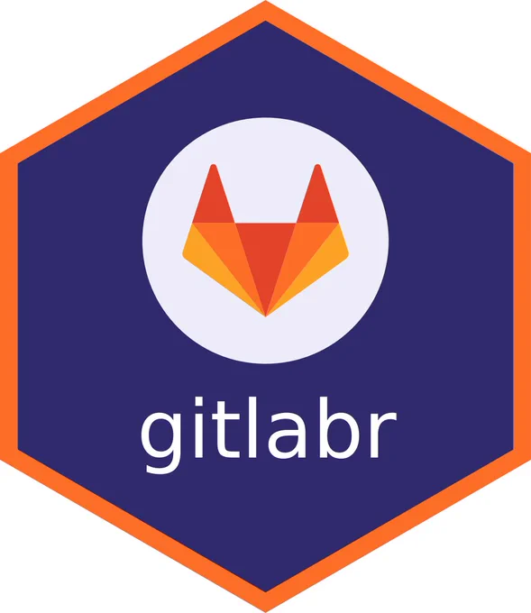 hex logo of package 'gitlabr'. The GitLab logo (a fox head) in a circle. 'gitlabr' written below the circle.