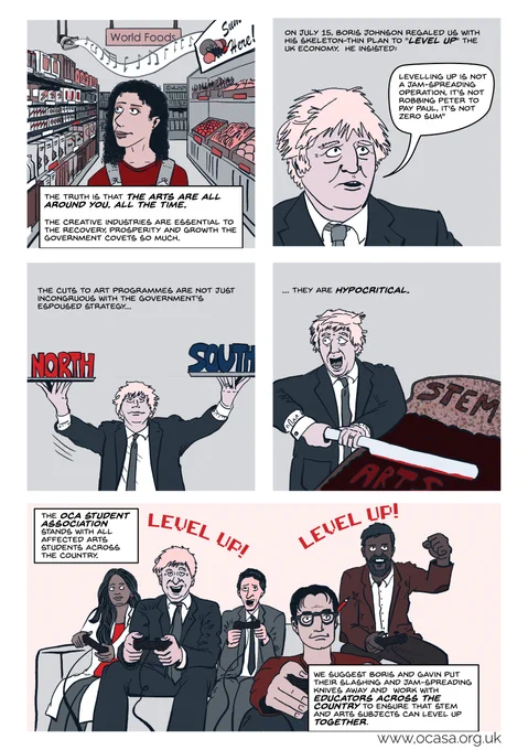 Page 2 of a comic calling out Gavin Williamson for slashing arts education funding. Showing how the policy is hypocritical to the government's 'levelling up' strategy.