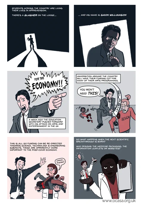 Page 1 of a comic calling out Gavin Williamson for slashing arts education funding.