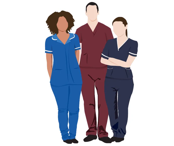 Illustration of three healthcare workers standing together, wearing  uniforms in different colours and styles.