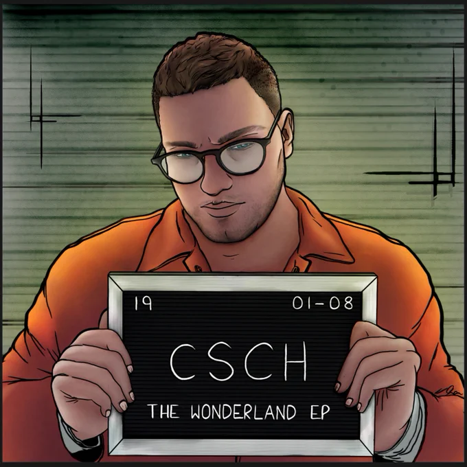 Image description: A digital drawing of a young man in an orange jumpsuit, He is holding up a board that reads “19, 01-08. CSCH. The Wonderland EP”.
