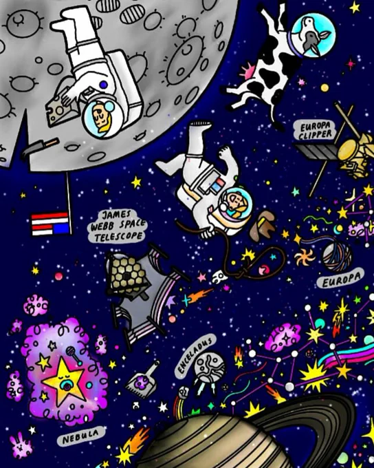 Filled in coloring page, part of the Color with NASA series, depicting missions such as the James Webb Space Telescope, Enceladus and Europa, as well as a man on the Moon with the American flag. Submitted by Mrunmayee Sanjog Mhatre.