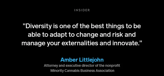 A graphic with a quote from Amber Littlejohn, an attorney and executive director of the nonprofit Minority Cannabis Business Association. It reads: “Diversity is one of the best things to be able to adapt to change and risk and manage your externalities and innovate.” 