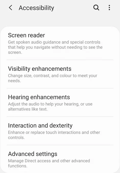 Accessibility settings menu on Android 9 that shows the options - Screen reader, visibility enhancements, hearing enhancements, interaction and dexterity and advanced settings. 