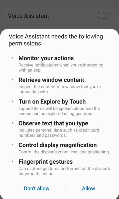 Voice Assitant enable menu that shows the various permissions requested - Monitor your actions, retrieve window content, turn on explore by touch, observe text that you type, control display magnification and fingerprint gestures.