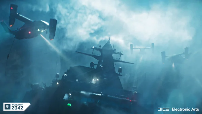 A still from the Battlefield 2042 short film "Exodus" showing a ship sailing through a heavy storm with three condors coming in close.