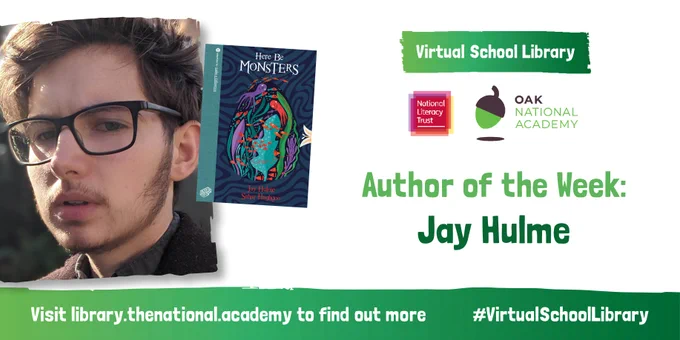 A photo of the Virtual School Library Author of the Week, Jay Hulme, and his book, Here Be Monsters.